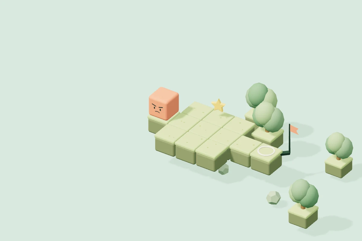 A grumpy little cube on a floating garden puzzle